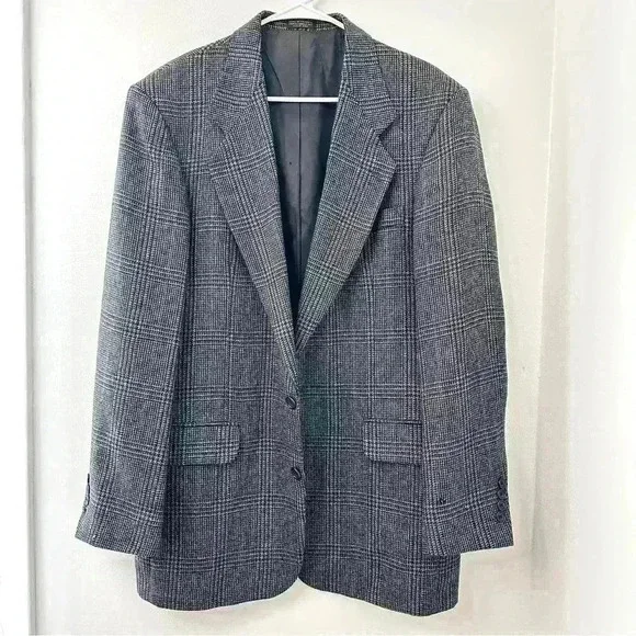 OSCAR DE LA RENTA Mens Grey Checkered Coat Suit Blazer 42L 100% Wool - Picture 1 of 11
